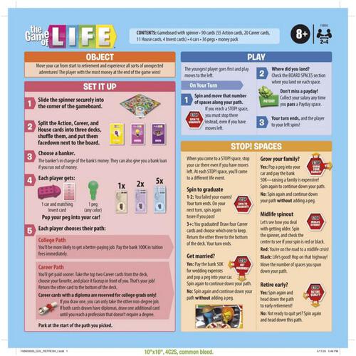 The Game of Life: College edition, instructions and materials