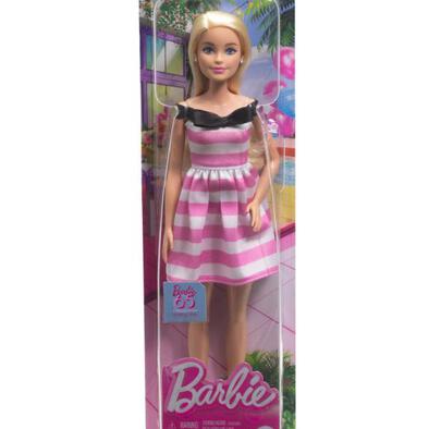 Barbie 65th Anniversary Fashion Doll with Blonde Hair, Pink Striped Dress and Accessories