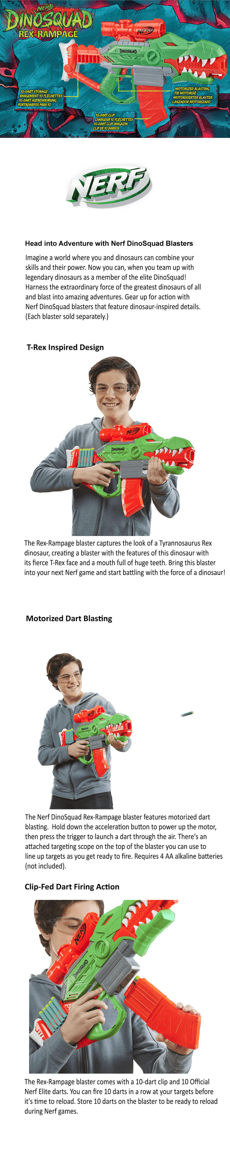  NERF DinoSquad Rex-Rampage Motorized Dart Blaster, 10-Dart  Clip, 20 Official Darts, 10-Dart Storage- T-Rex Dinosaur Design, Red : Toys  & Games